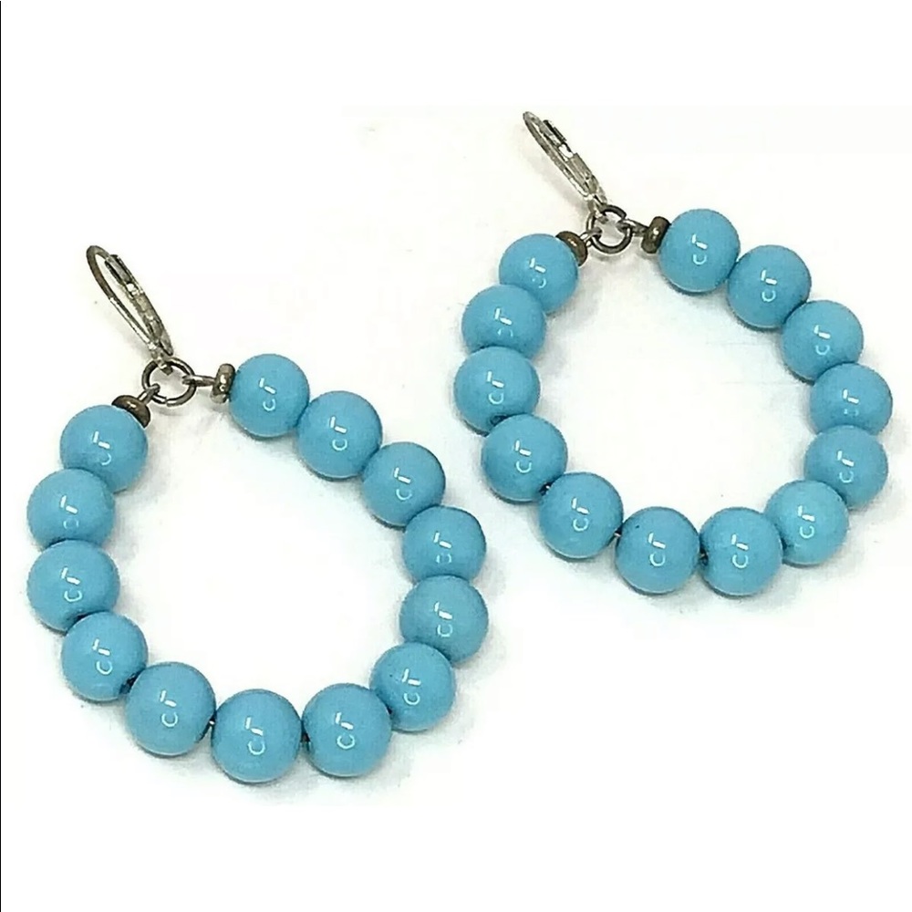 Retro Turquoise Blue Beaded Hoop Earrings